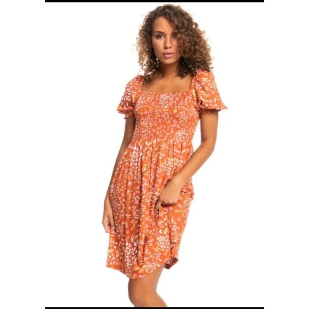 Roxy Mini Dress Sundress size L Smocked Bodice Hello Petal Baked Clay Beach